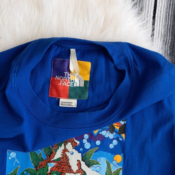 The North Face Women Sz L Blue Graphic Colorblock Boxy Tee Cropped - Picture 6 of 8